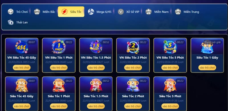Các loại hình siêu tốc theo thời gian mở thưởng tại HB88
